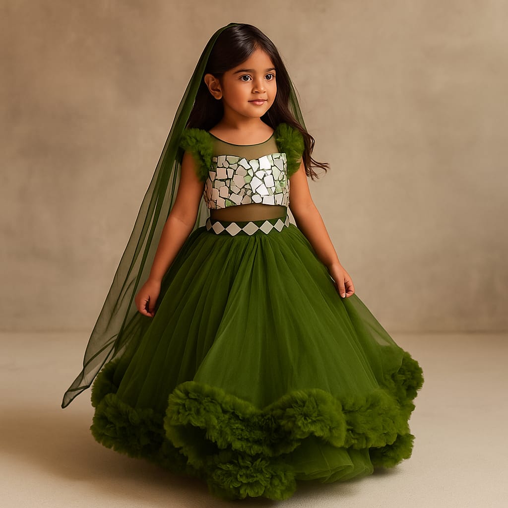 Pre Order: Mehendi Mirror Work Enhanced Top With Flared Lehenga And Matching Head Band