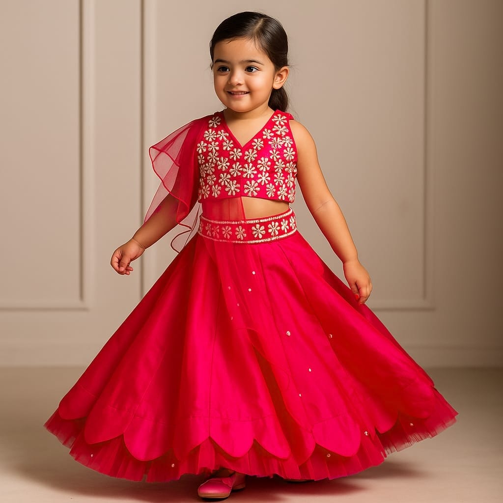 Pre Order: Halter Neck Red Floral Embroidered Top And Scalloped Hem Lehenga With Flat Back Pearls Enhanced Ruffle Dupatta