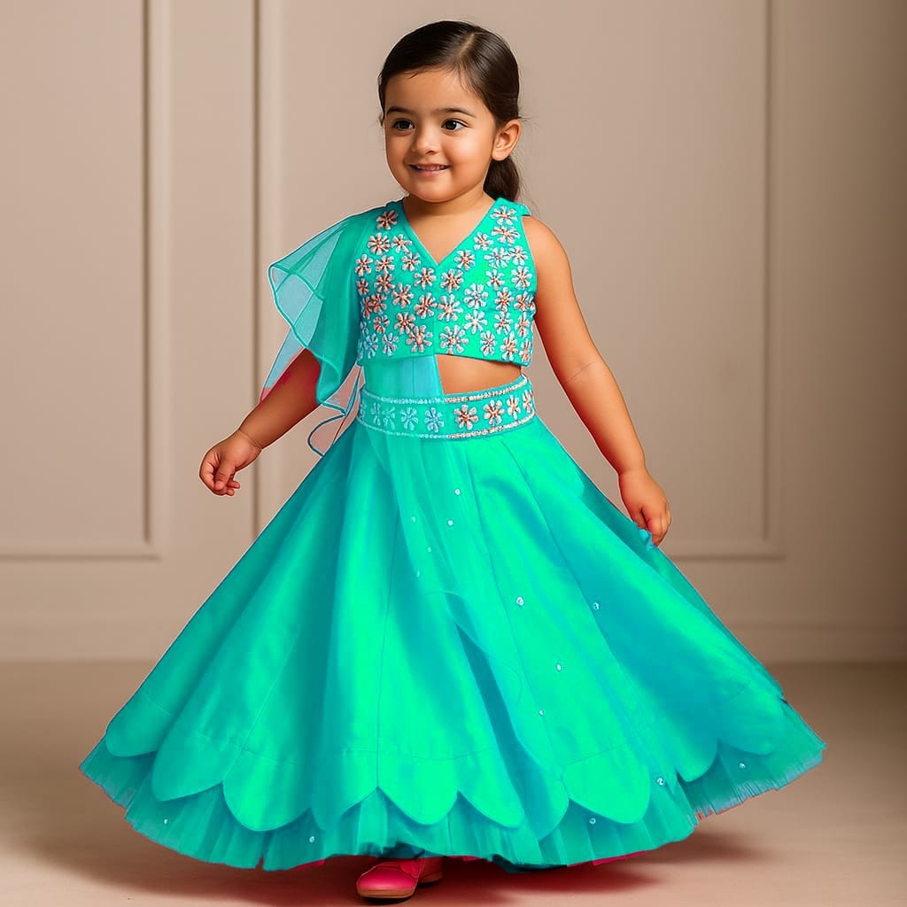 Pre Order: Halter Neck Teal Blue Floral Embroidered Top And Scalloped Hem Lehenga With Flat Back Pearls Enhanced Ruffle Dupatta