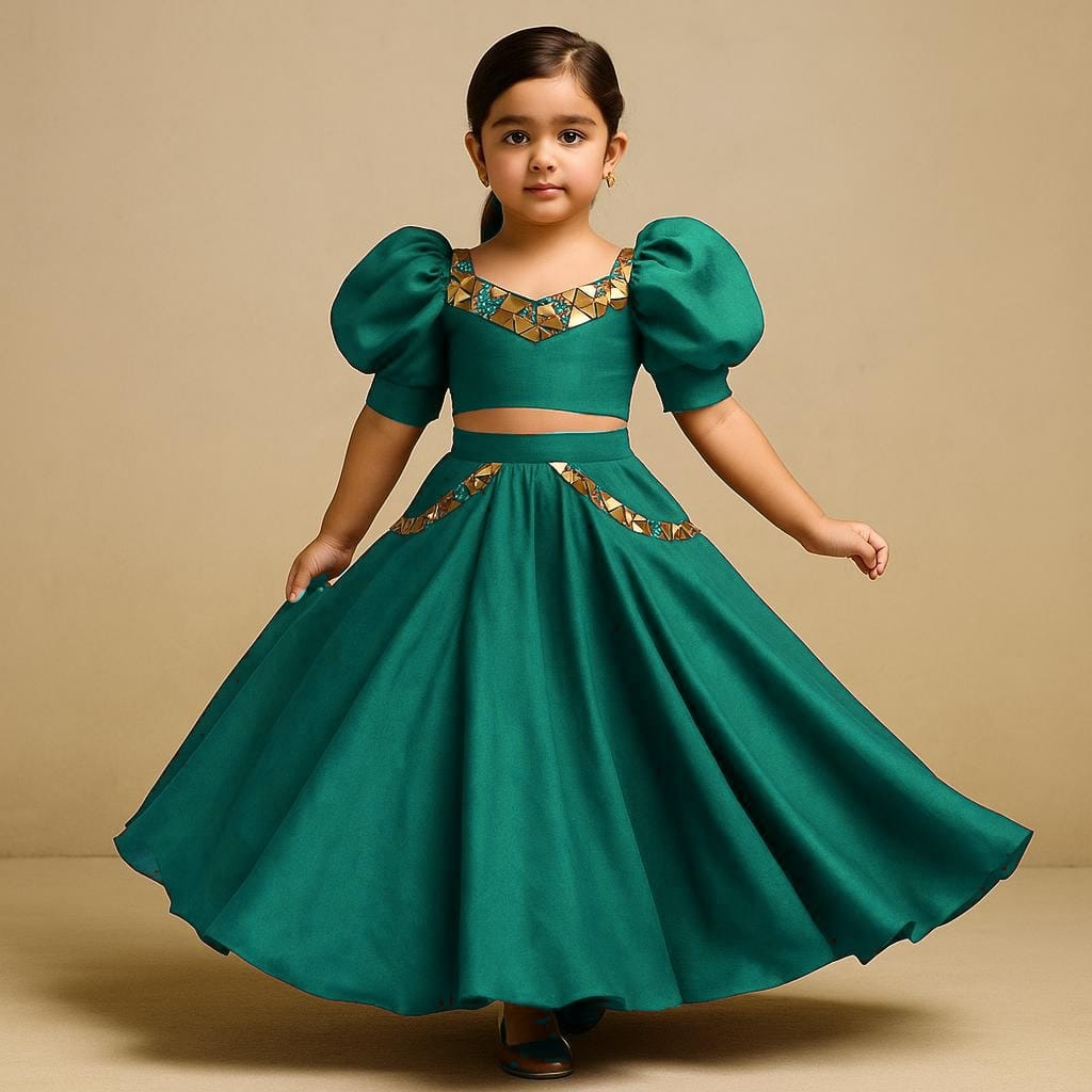 Stylish Rama Color Top With Navy Blue Lehenga