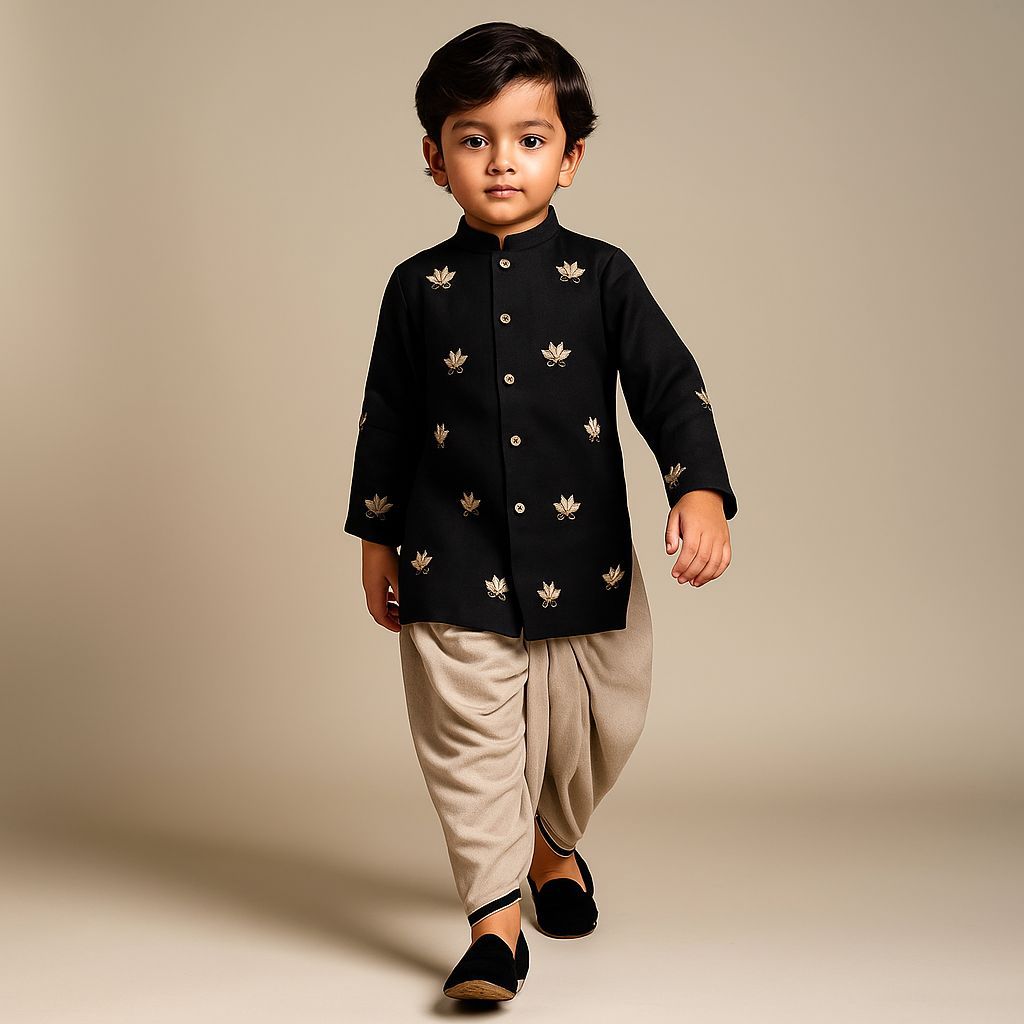 Pre Order: Floral Embroidered Black Kurta With Dhoti