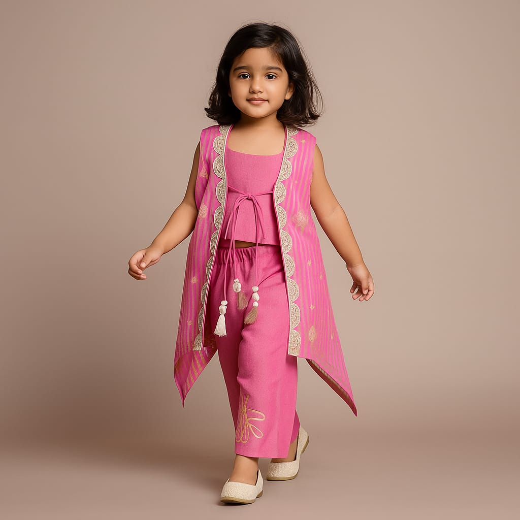 Pre Order: Shimmery Pink Strappy Top With Sleeveless Shimmery Tie-Up Jacket And Pants