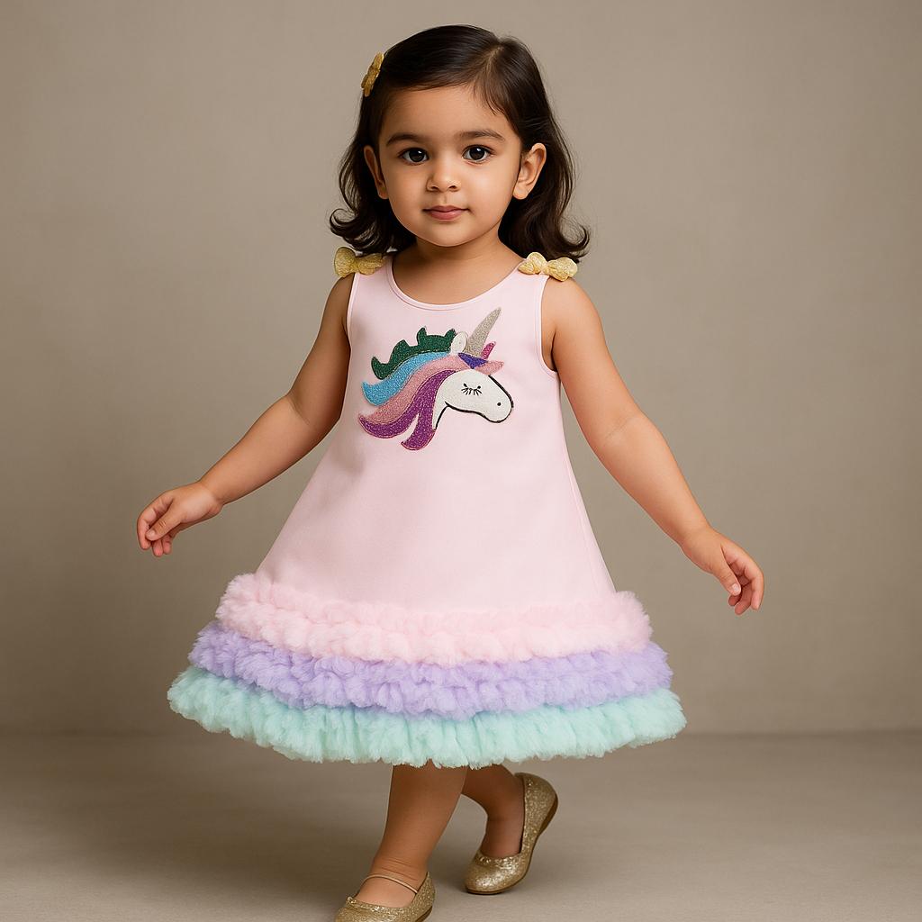 Pre Order: Pink Scuba Dress With Unicorn Sequin Work