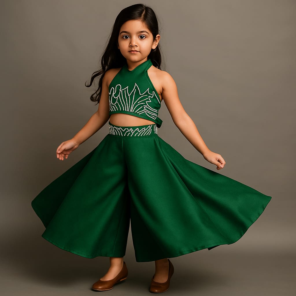 Pre Order: Halter Neck Back Bow Enhanced Green Top With Flared Palazzo