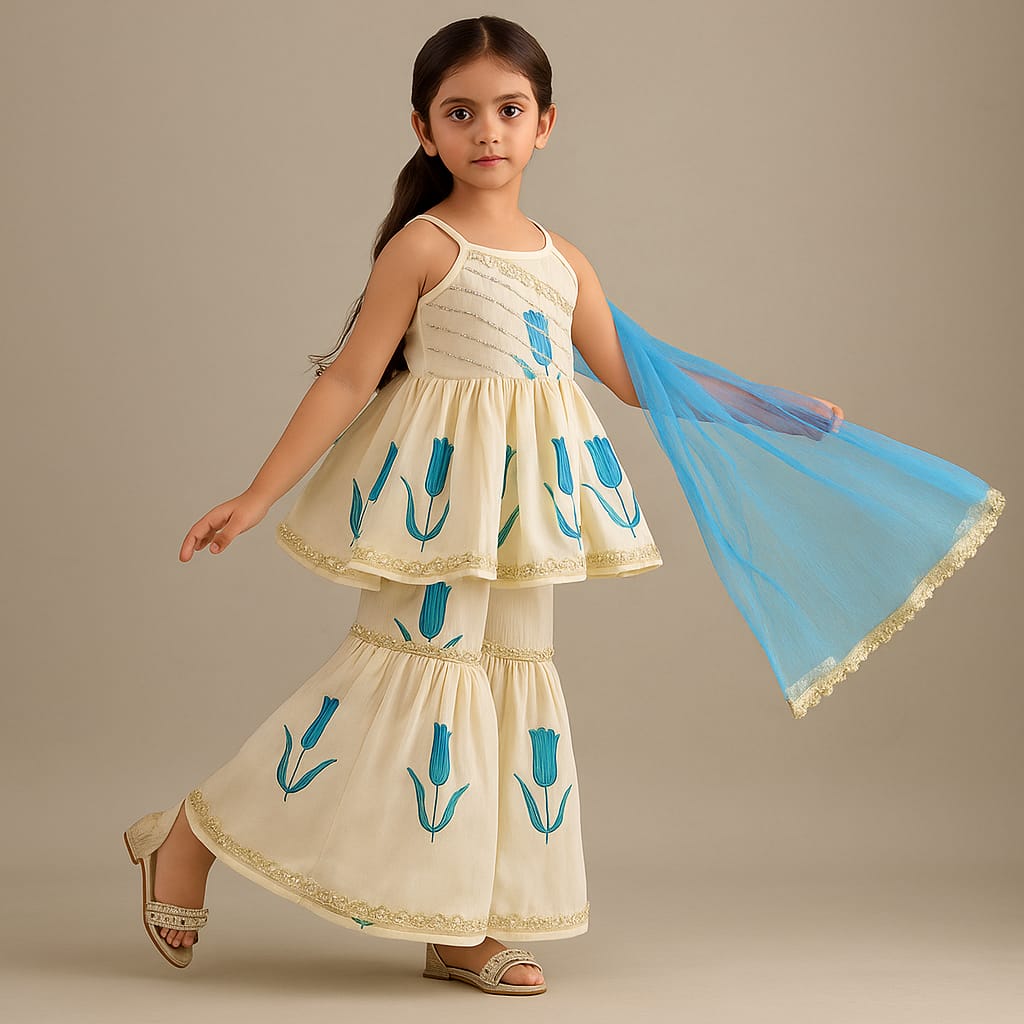 Pre Order: Blue Tulip Printed Strappy Peplum Kurti With Printed Sharara And Blue Dupatta