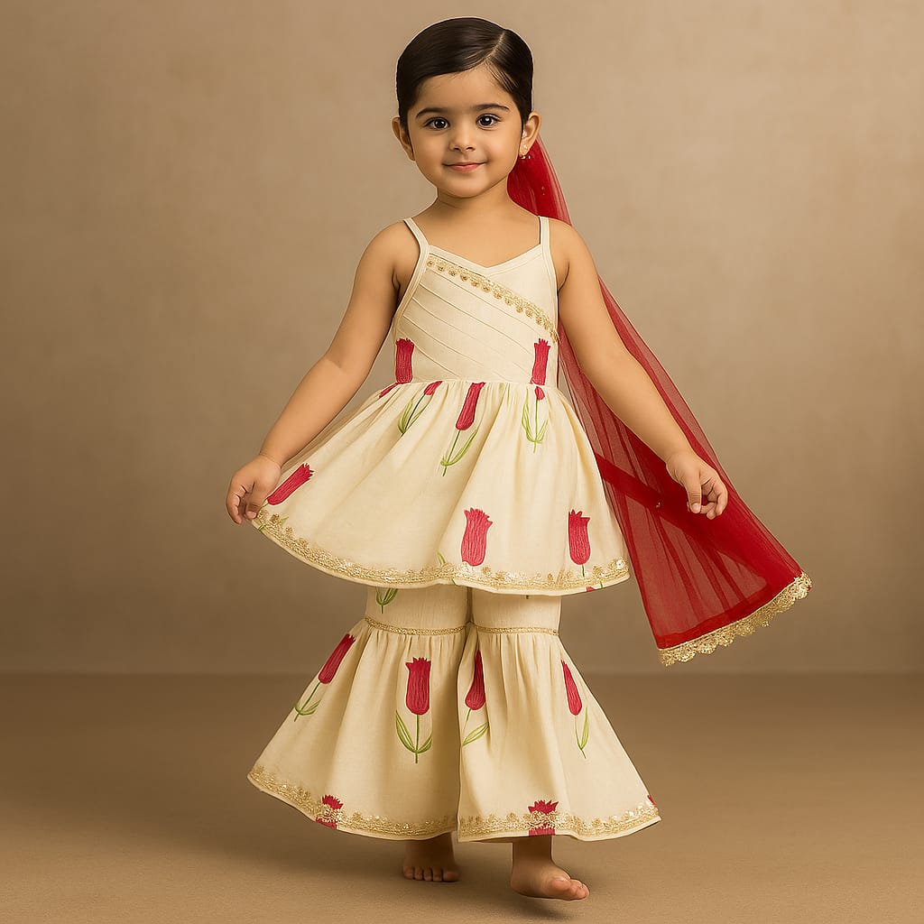 Pre Order: Red Tulip Printed Strappy Peplum Kurti With Printed Sharara And Red Dupatta