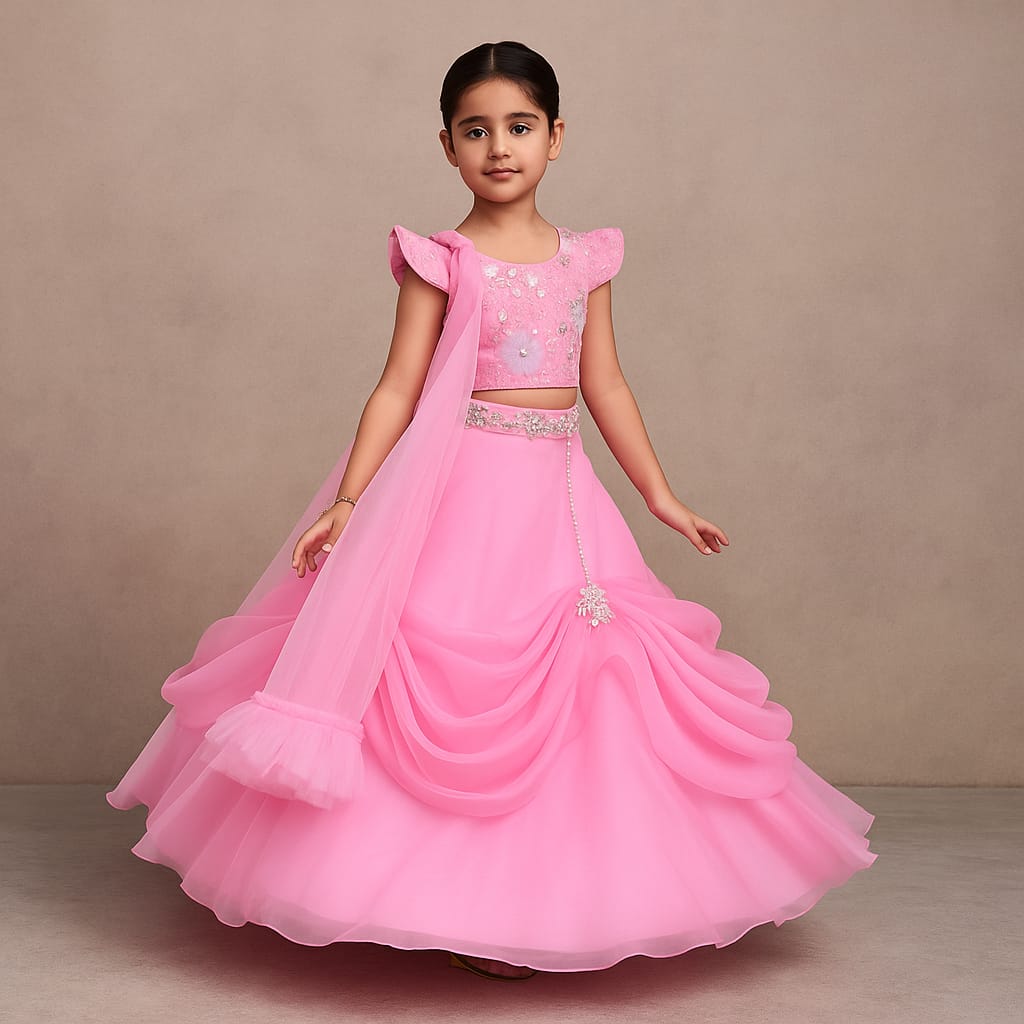Pre Order: Pink Embroidered And Embellished Top And Lehenga With Dupatta