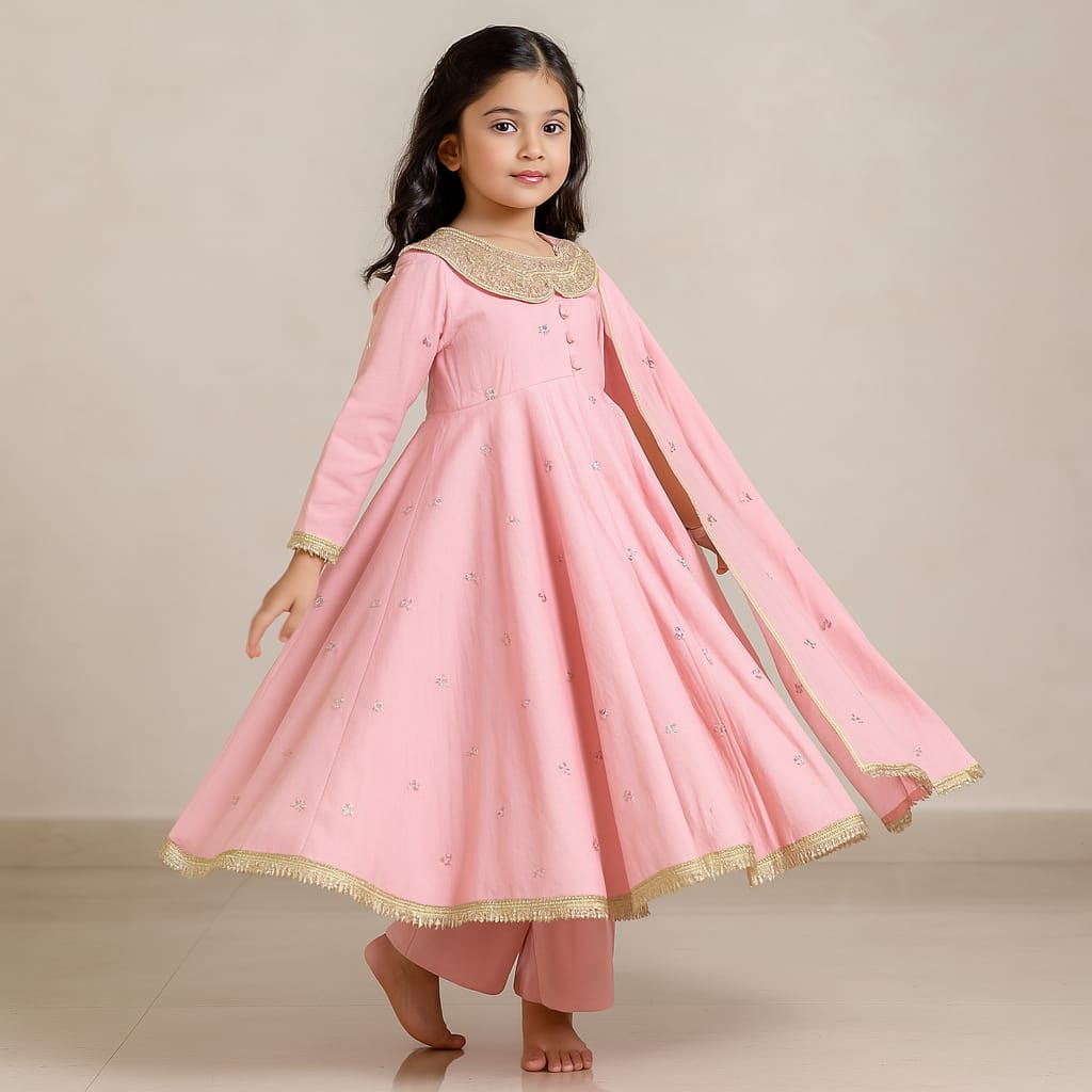 Pink Embroidered Front Open Long Kurti And Palazzo With Dupatta