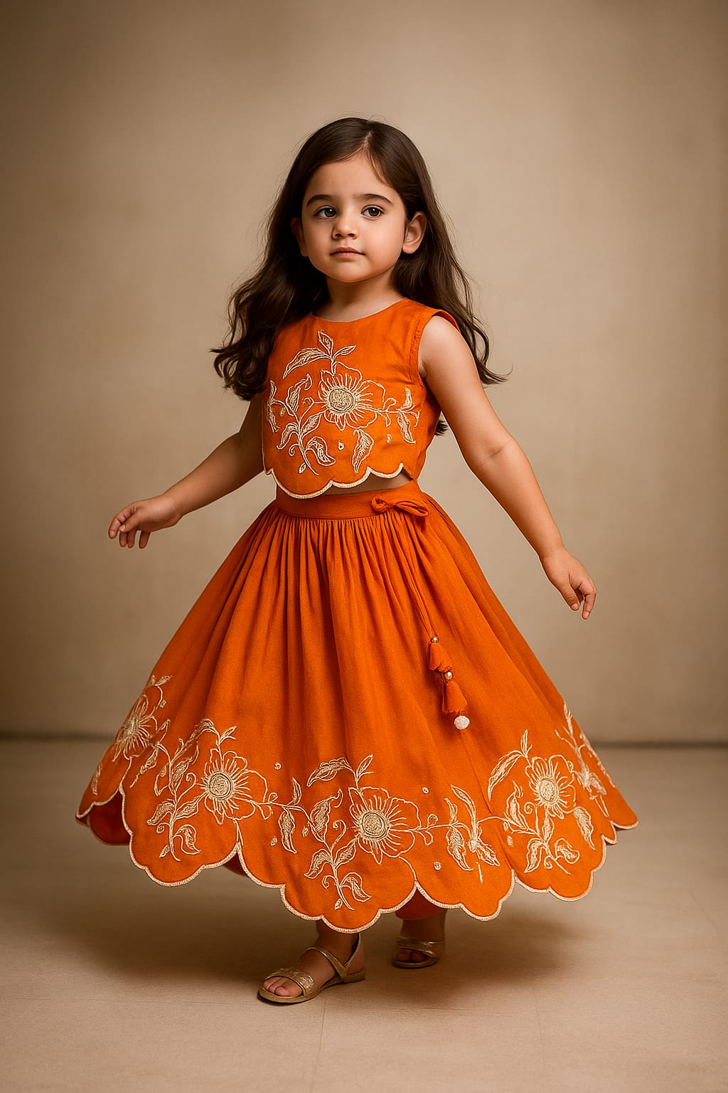 Pre Order: Orange Embroidered Dual Back Knot Detailed Top And Lehenga With Scalloped Hem Detailing