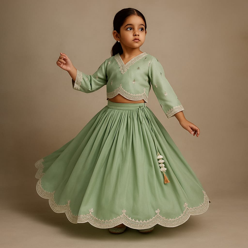 Pre Order: Embroidered Green Top And Pleated Lehenga