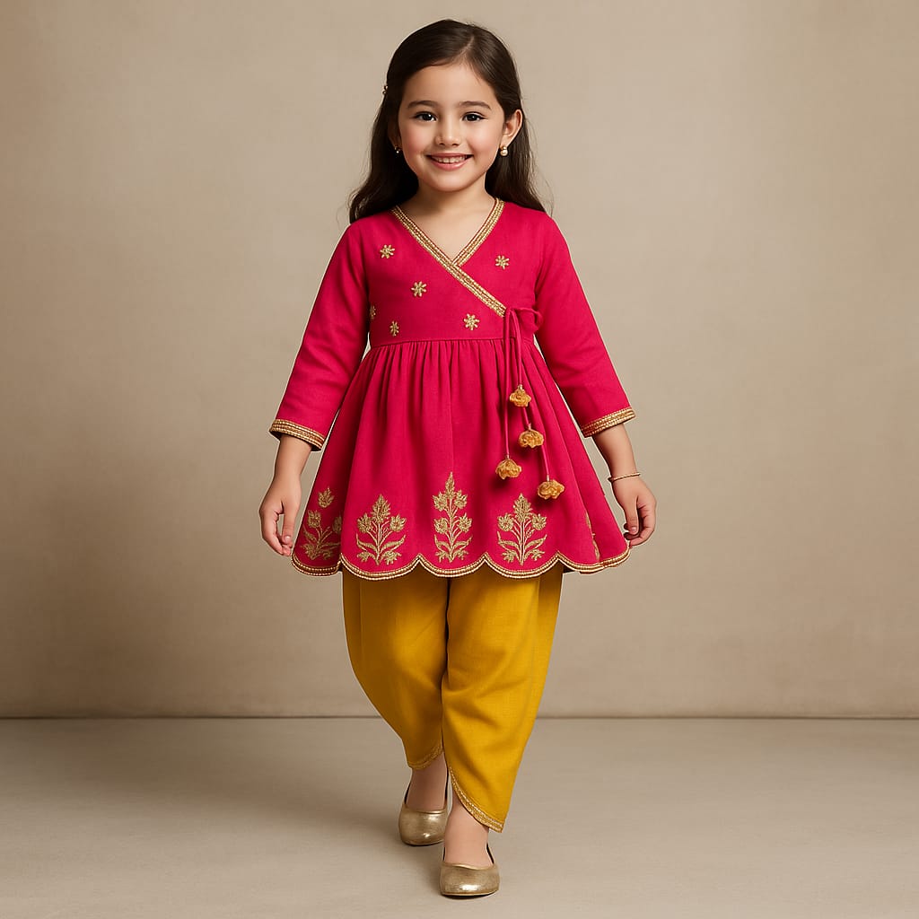 RTD Pre Order: Pink Embroidered Angarkha Style Kurti And Tulip Dhoti