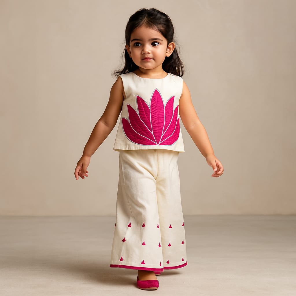 Pre Order: Off White Top With Pink Lotus Applique Embroidery And Palazzo