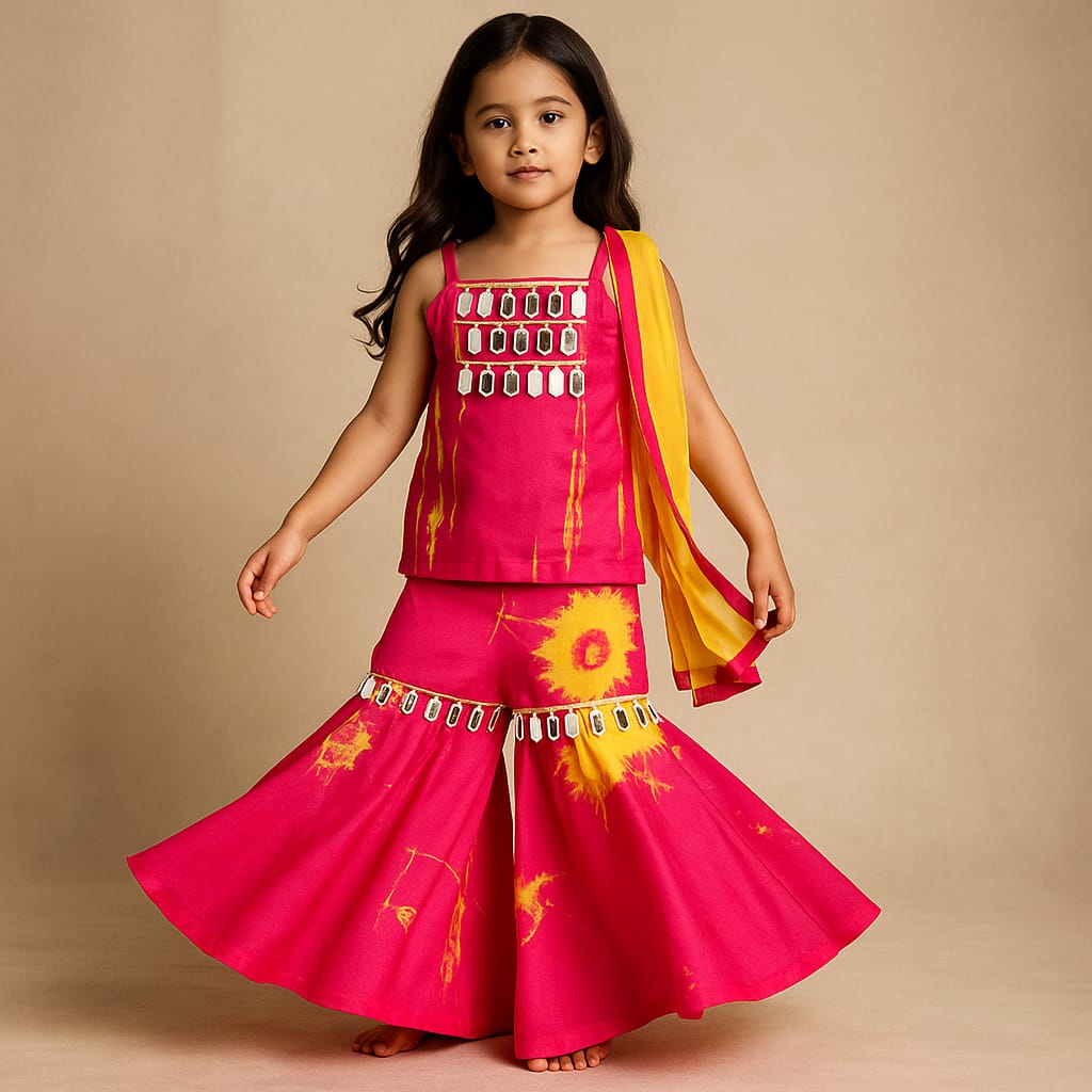 Pre Order: Printed Embellished Strappy Kurti With Sharara And Dupatta