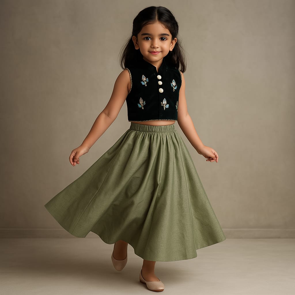 Pre Order: Embroidered Velvet Green Top And Lehenga