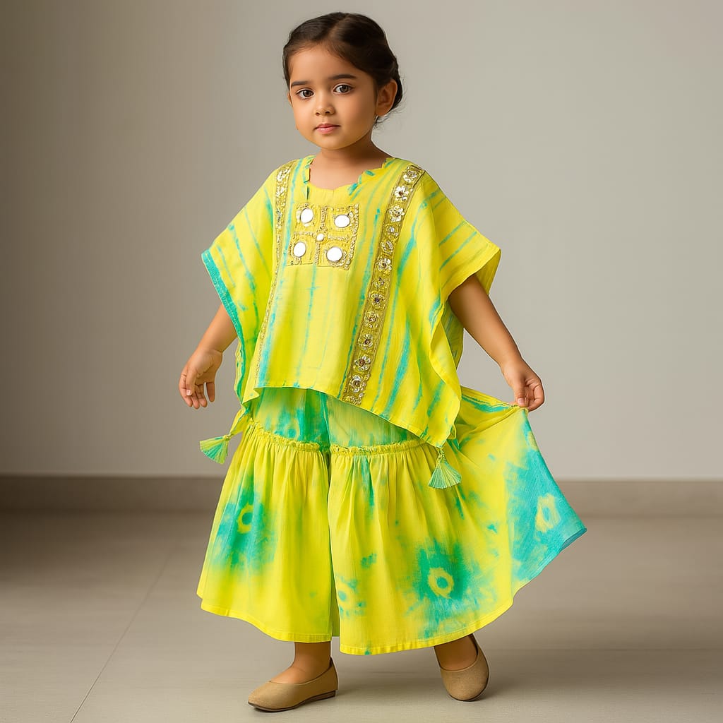 Pre Order: Printed Embellished Kaftan With Strappy Crop Top And Sharara