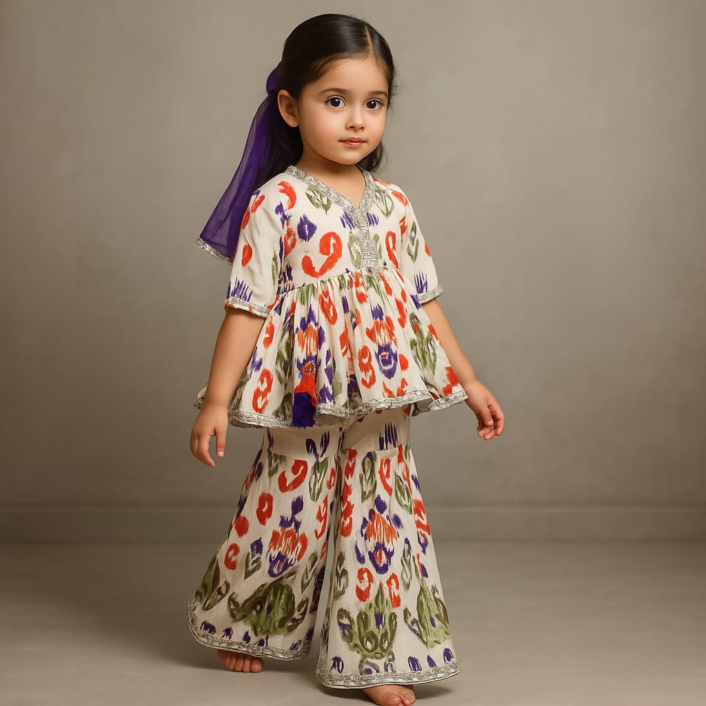 Pre Order: Tassels Enhanced Multicolour Printed Kurti And Sharara With Scalloped Lace Detail Lavender Dupatta