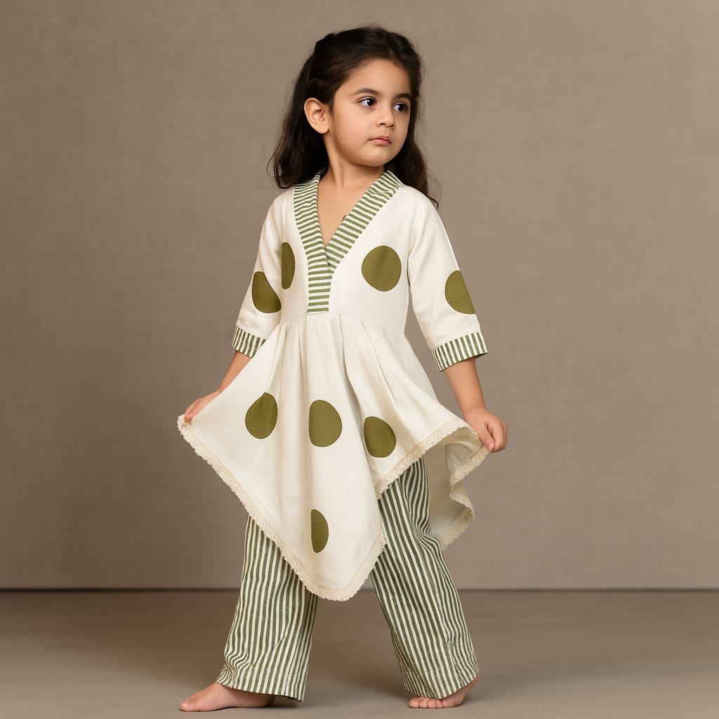 Pre Order: Printed Stylish Hem Kurti With Striped Pant