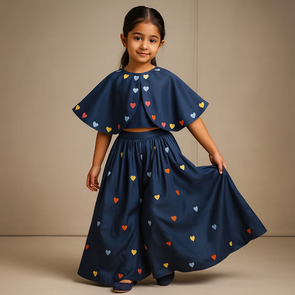 Pre Order: Blue Heart Embroidered Cape Attached Top And Flared Palazzo