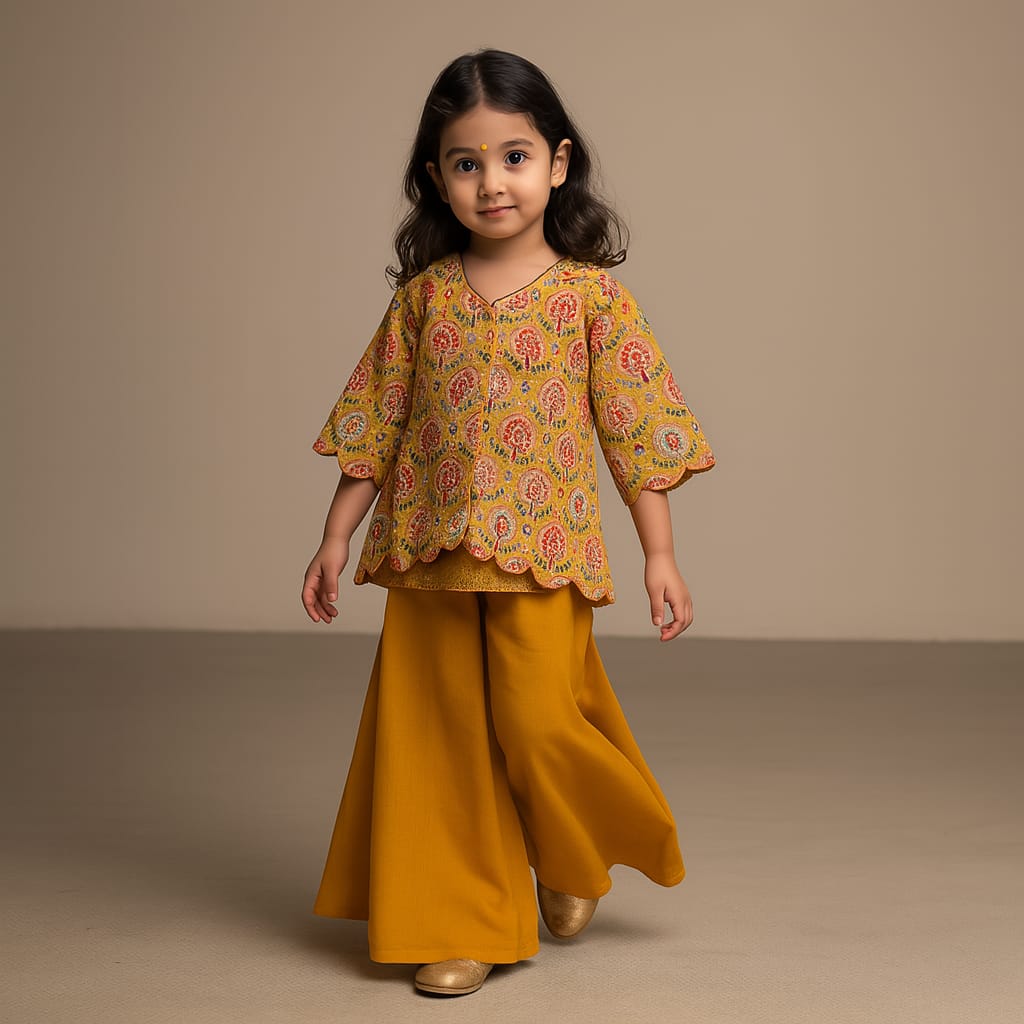 Pre Order: Mustard Printed Kurti And Flared Palazzo