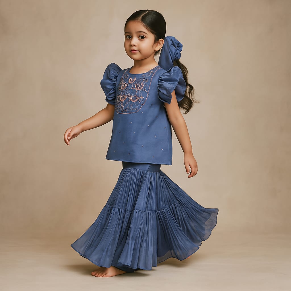 Pre Order: Blue Embroidered Kurti With Pleated Sharara And Dupatta