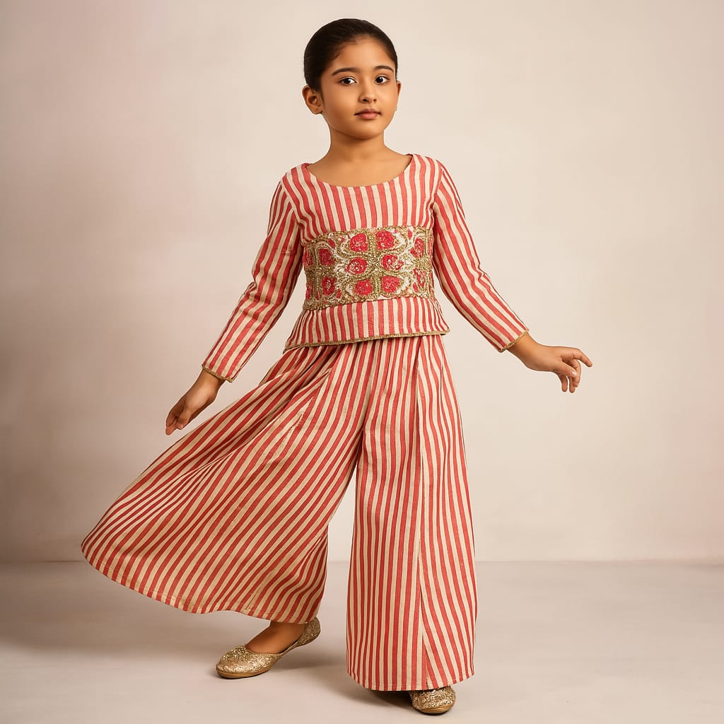 Pre Order: Red Striped Top With Printed Embroidered Patch And Palazzo