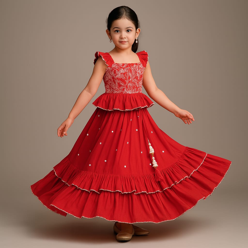 Pre Order: Embroidered Red Top And Pleated Frilly Hem Lehenga