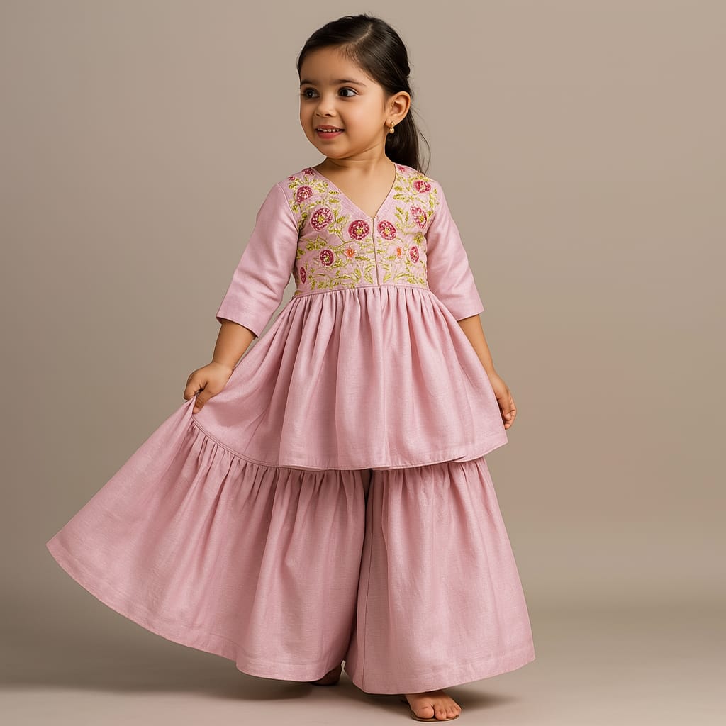 Pre Order: Purple Peplum Thread Embroidered Kurti With Sharara