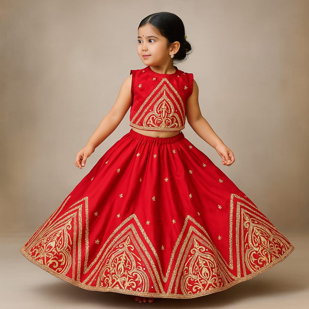 Pre Order: Embroidered Red Top With Lehenga