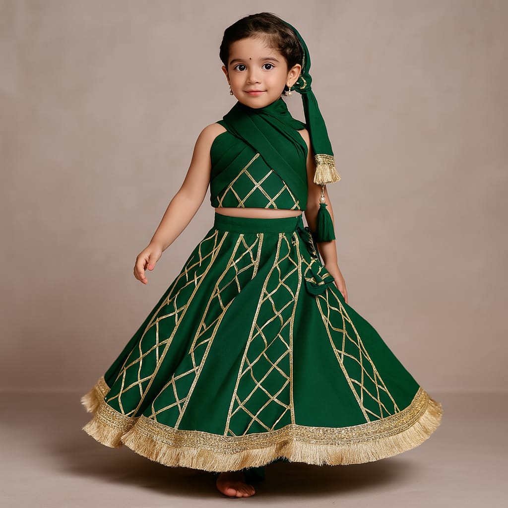 Pre Order: Green Stylish Overlap Halter Neck Gota Lace Detailed Top And Lehenga With Dupatta