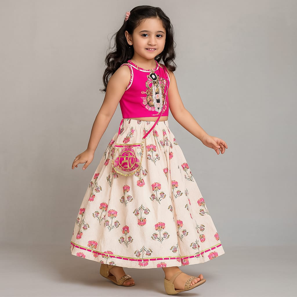 Pre Order: Goddess Embroidered Pink Top And Beautiful Tassels Embellished Lehenga