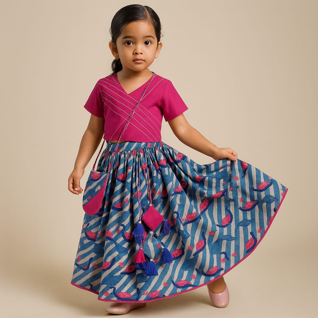 Pre Order: V Neck Short Sleeves Pink Top And Peacock Printed Flared Palazzo With Sling Bag