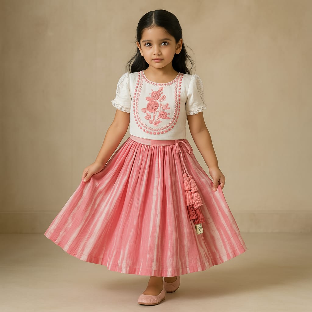 Pre Order: Yoke Embroidered Dual Tone Top And Shibori Printed Pink Lehenga