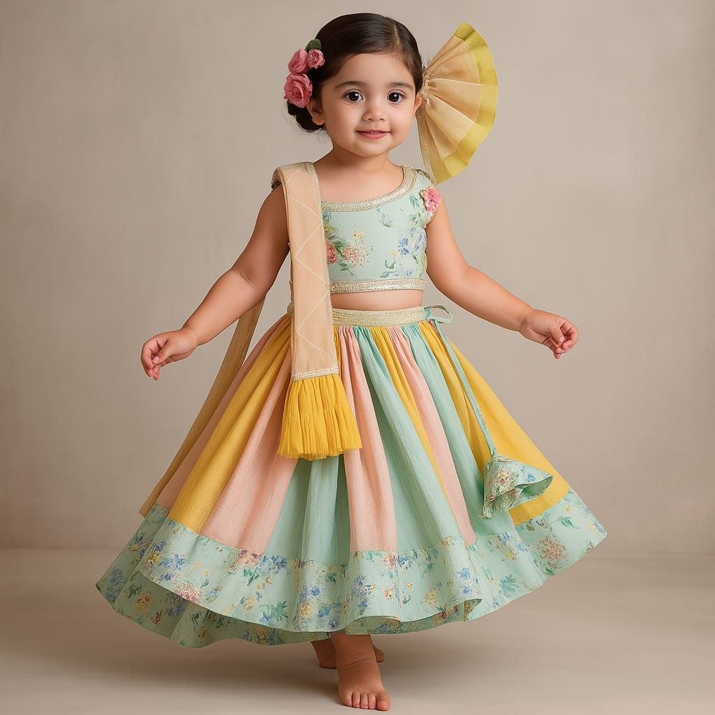 Pre Order: Floral Printed One Shoulder Top With Multicolour Lehenga And Dupatta