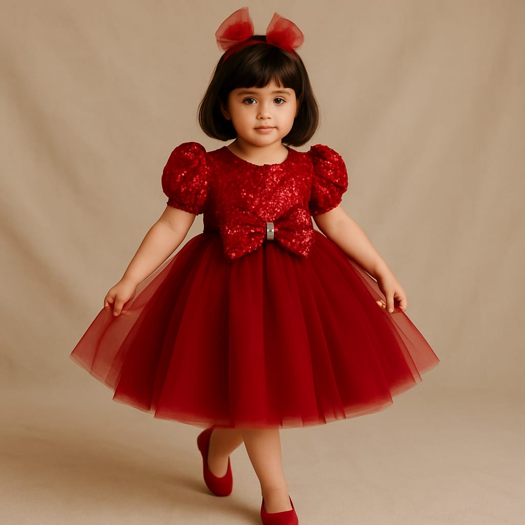 Pre Order : Jack Sequins Puff Sleeves Red Net Dress