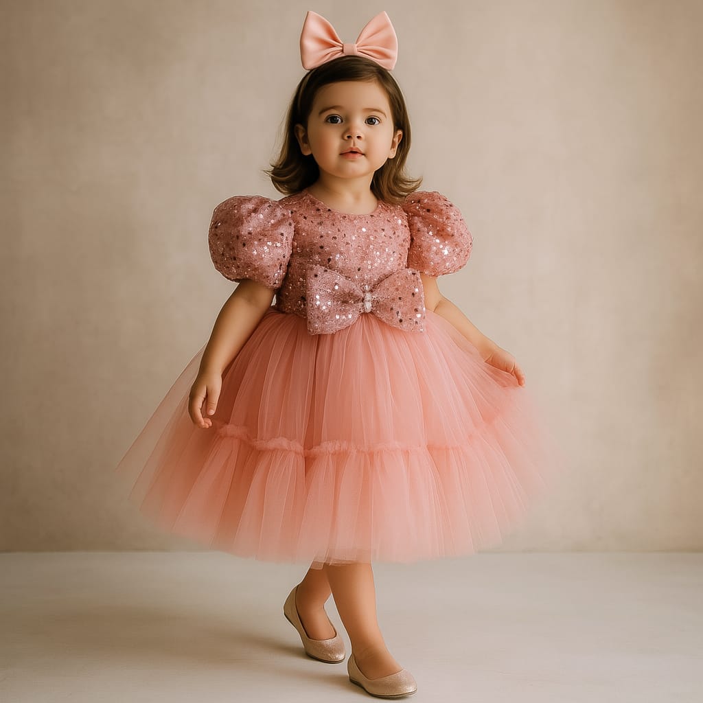 Pre Order: Jack Sequins Puff Sleeves Pink Net Dress