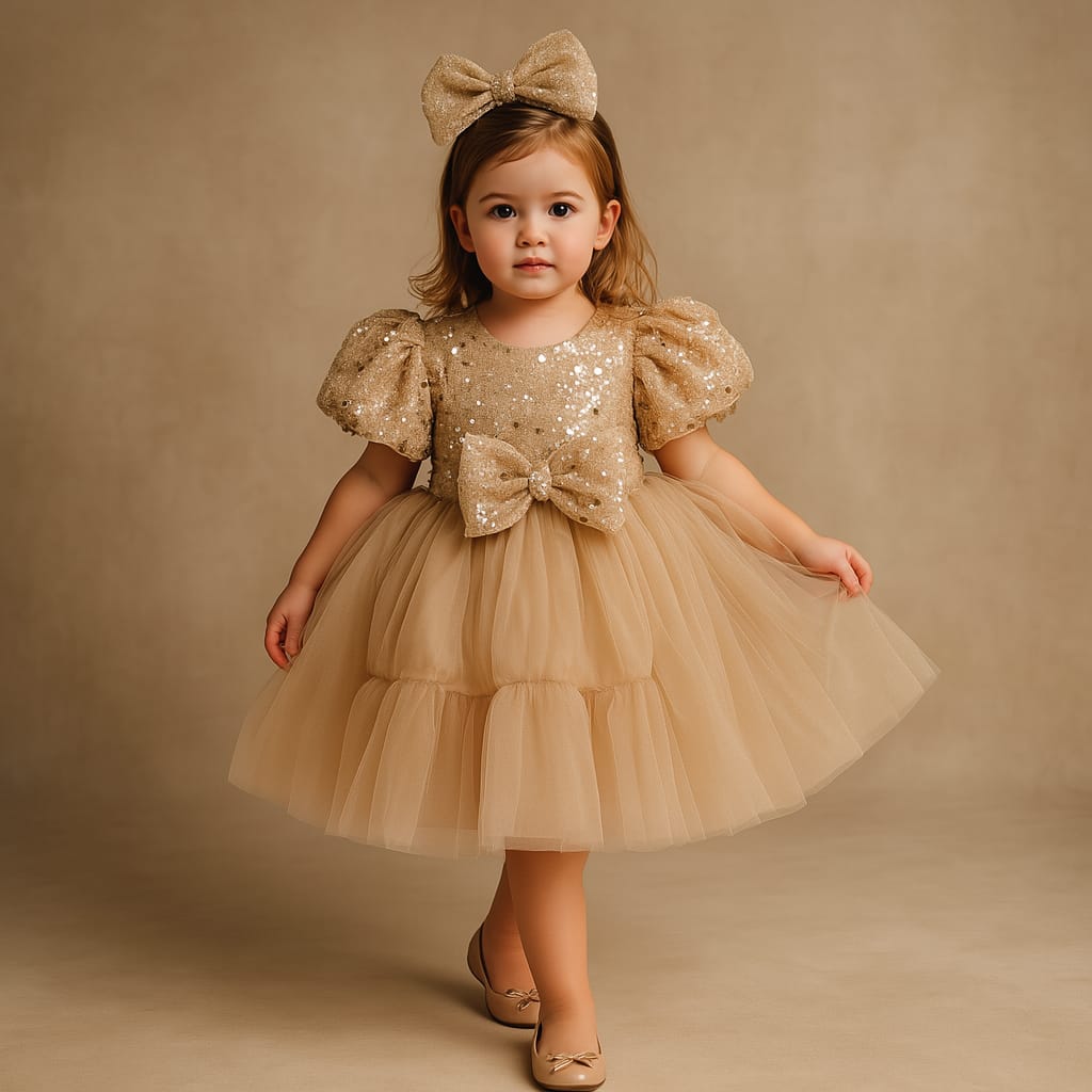 Pre Order: Jack Sequins Puff Sleeves Golden Net Dress