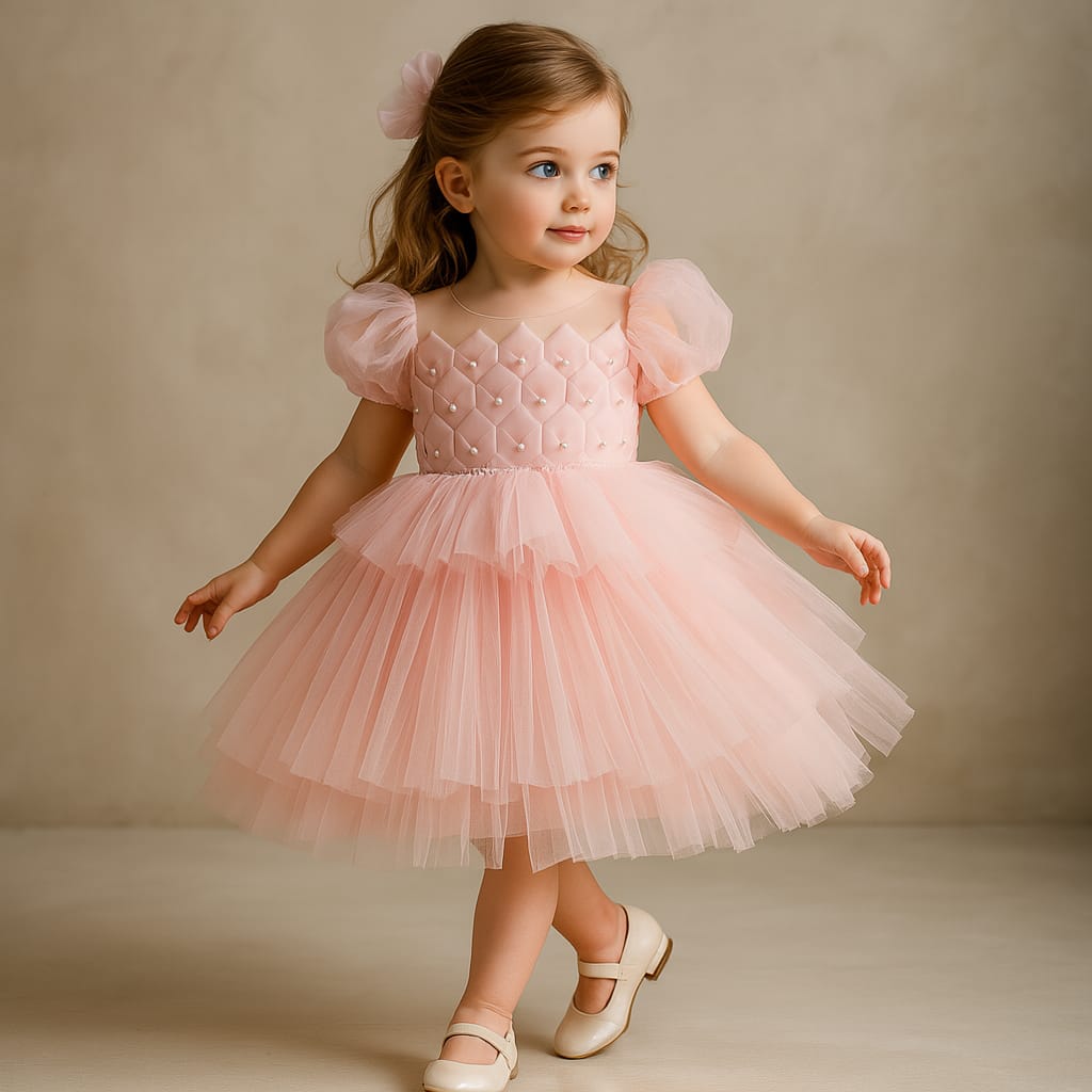 Pre Order: Lovely Pink Puff Sleeves Net Dress