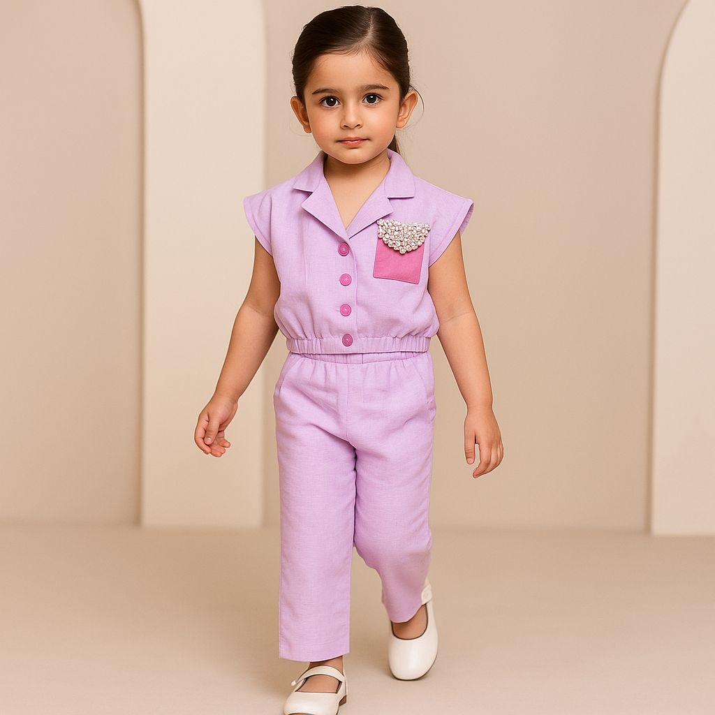 Pre Order: Contrasting Patch Pocket Detail Purplish Pink Top And Pant