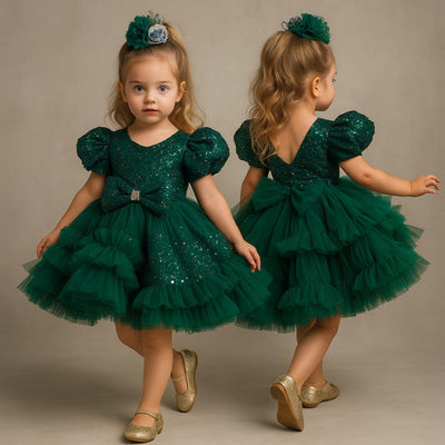 Pre Order: Sequins Puff Sleeves Ruffle Net Dress