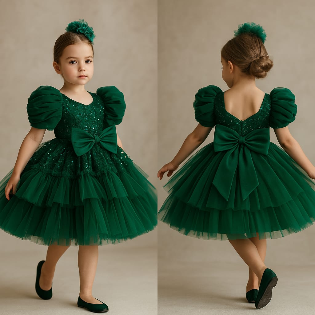 Pre Order: Axel Sequins Puff Sleeves Green Net Dress