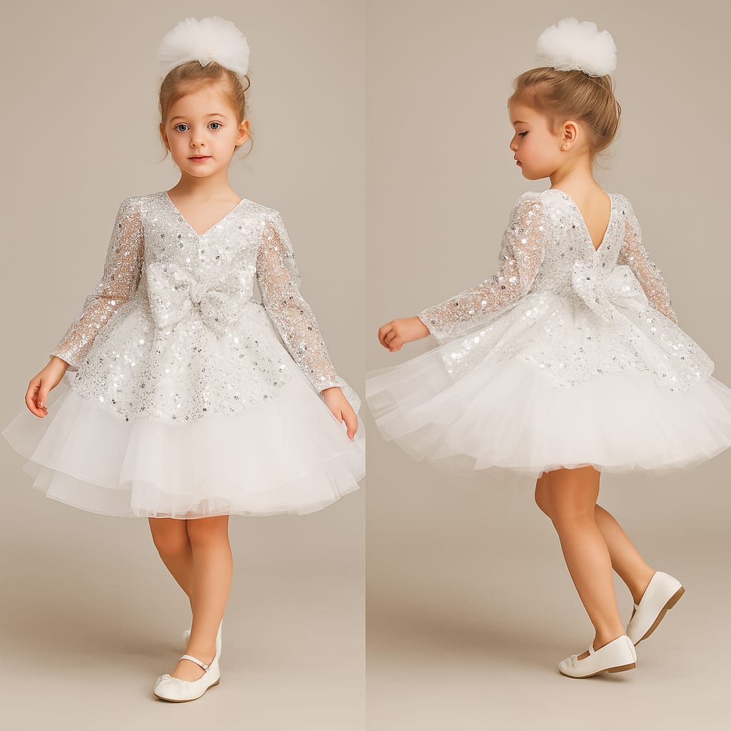 Pre Order: Sequins Bow White Net Dress
