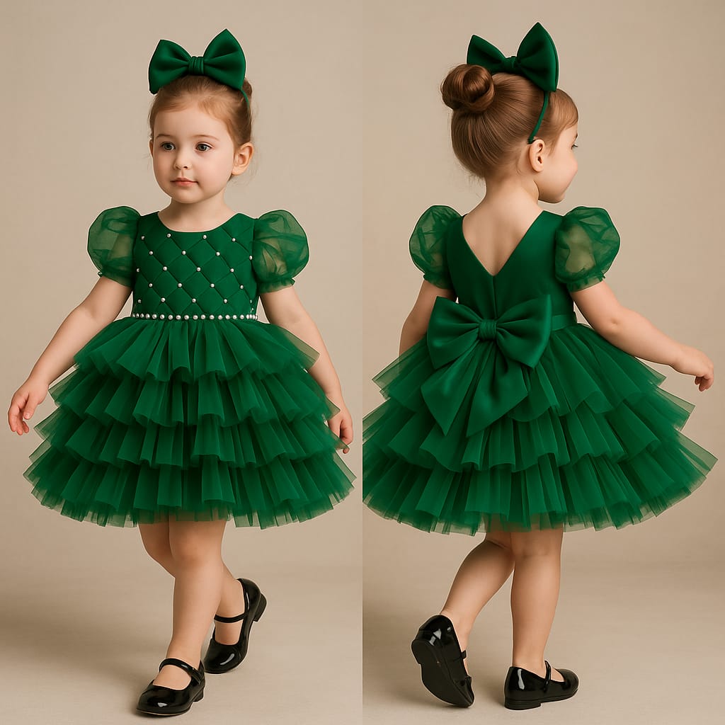Pre Order: Lovely Green Puff Sleeves Net Dress