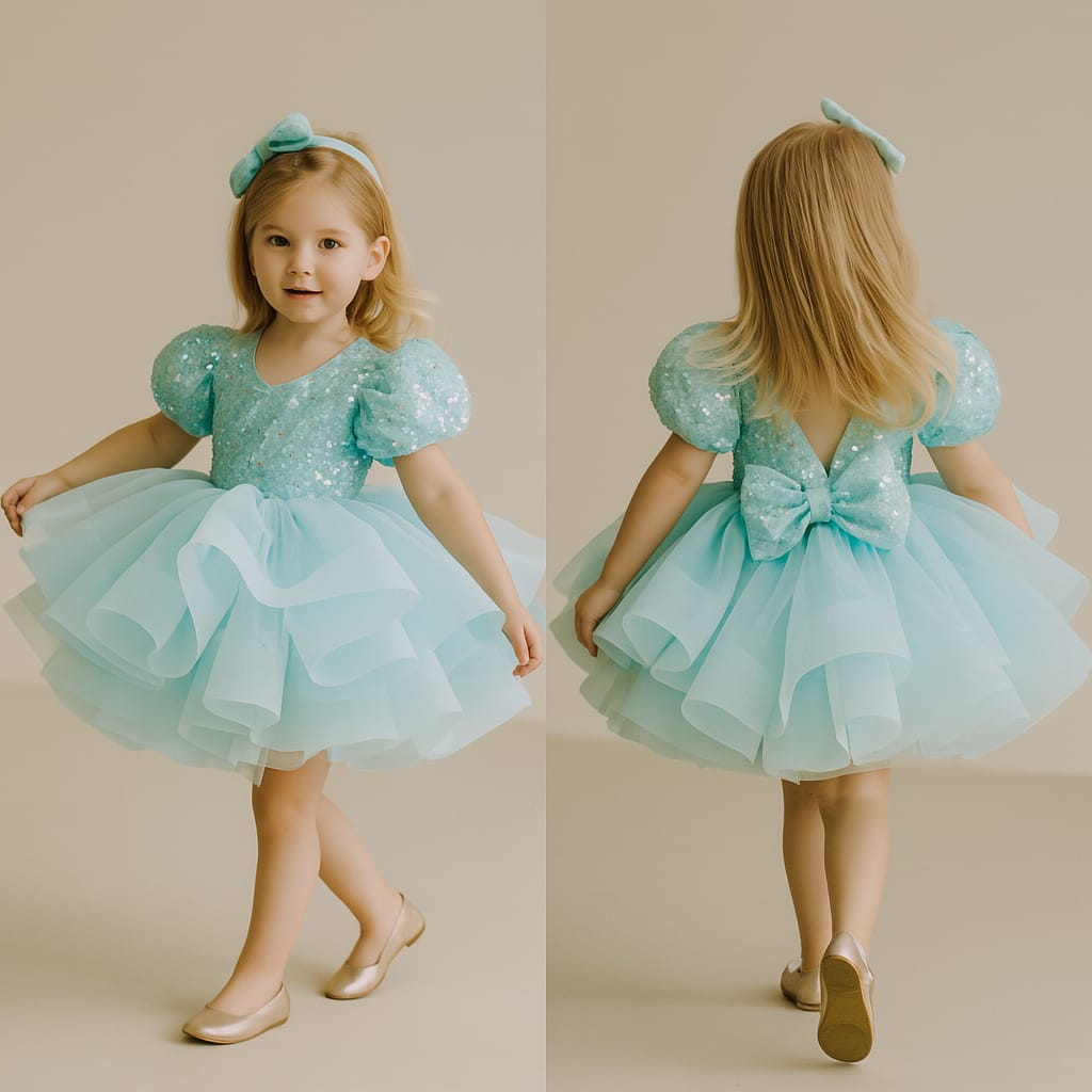 Pre Order: Beautiful Sequined Puff Sleeves Ruffle Dress