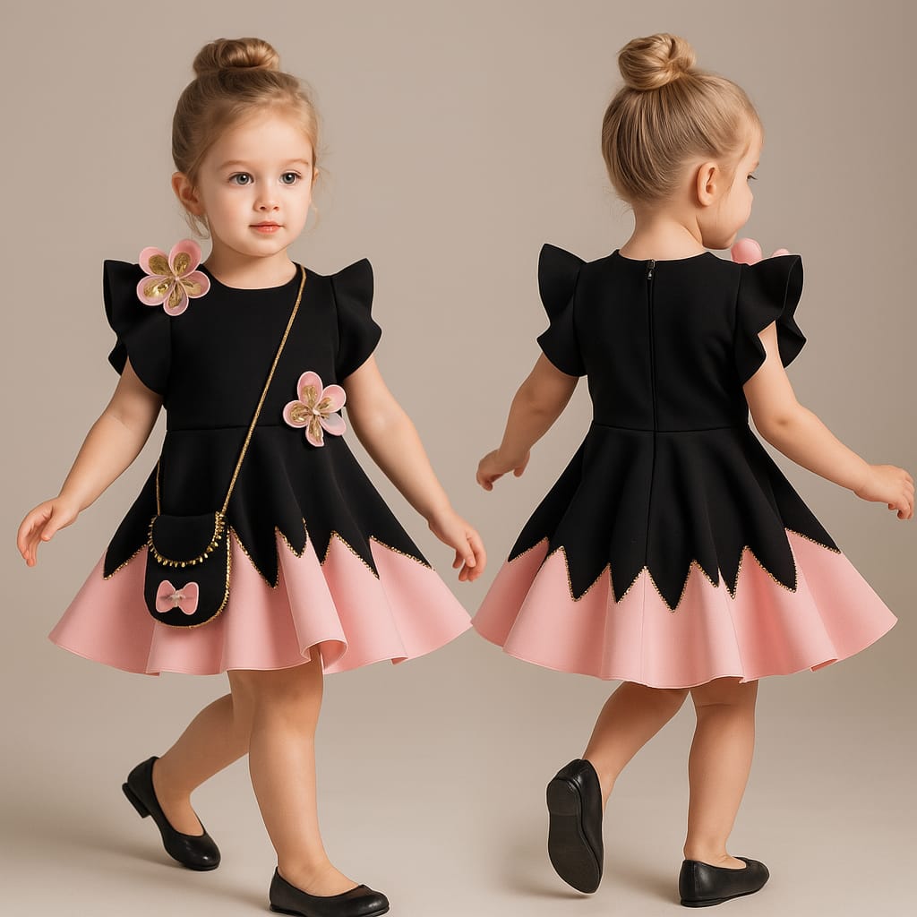 Pre Order: Flower Embellished Black Dress With Sling Bag