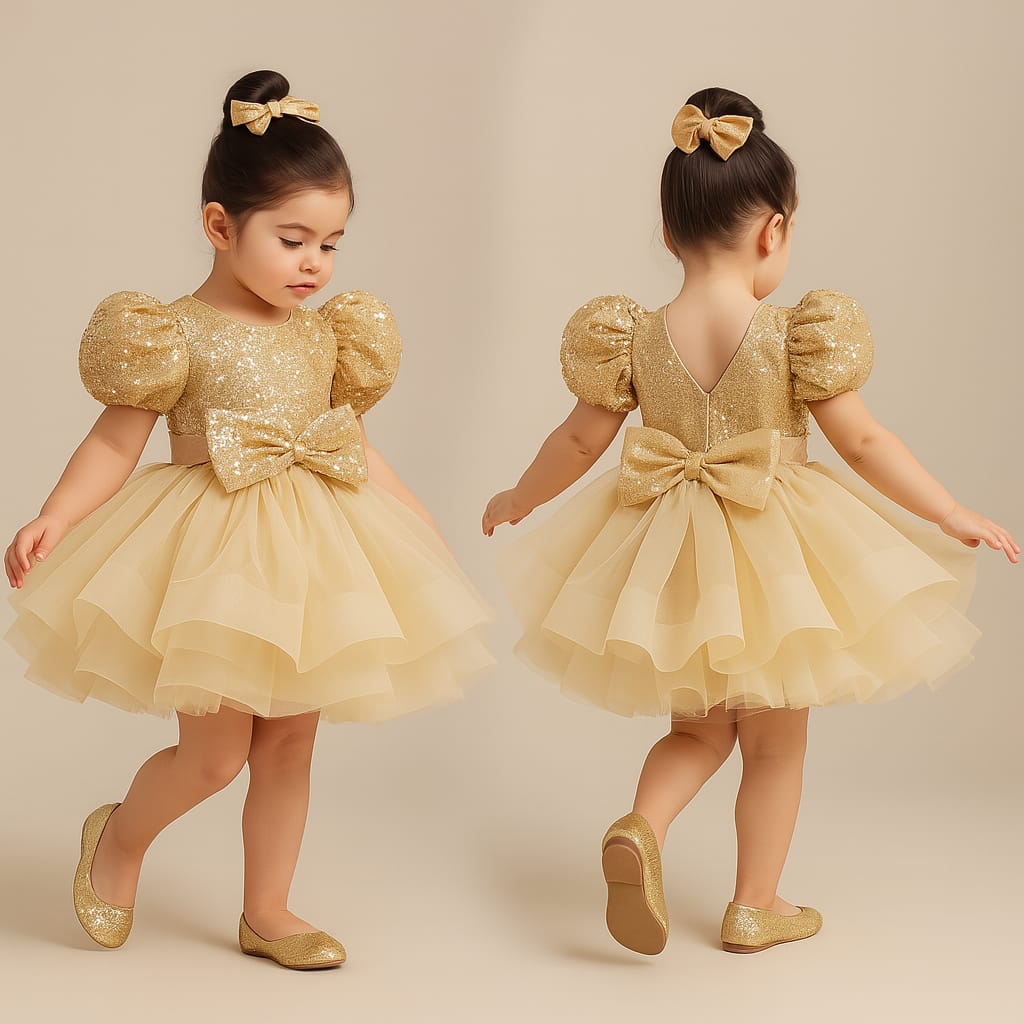 Pre Order: Sequins Enhanced Puff Sleeves Ruffle Dress