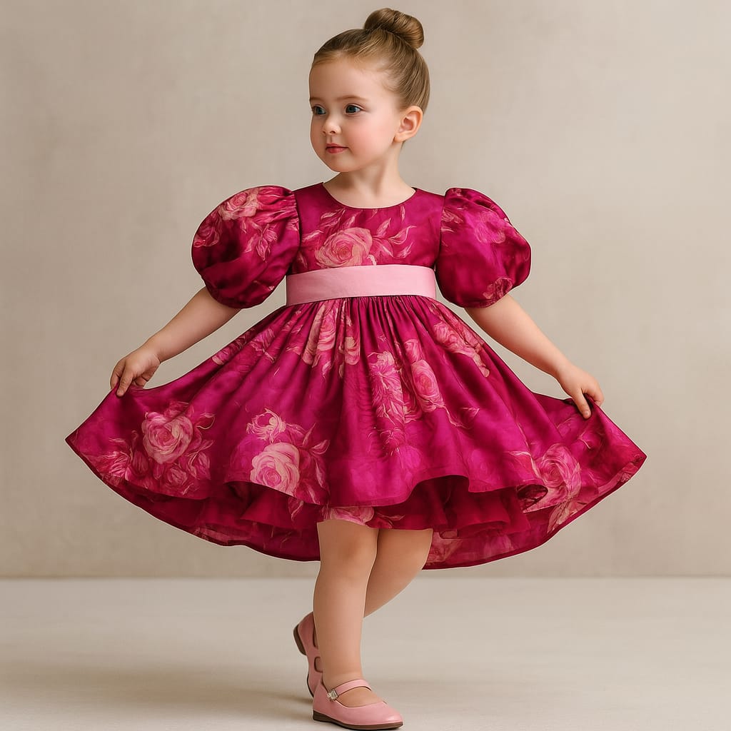 Pre Order: Pink Floral Balloon Sleeves Dress