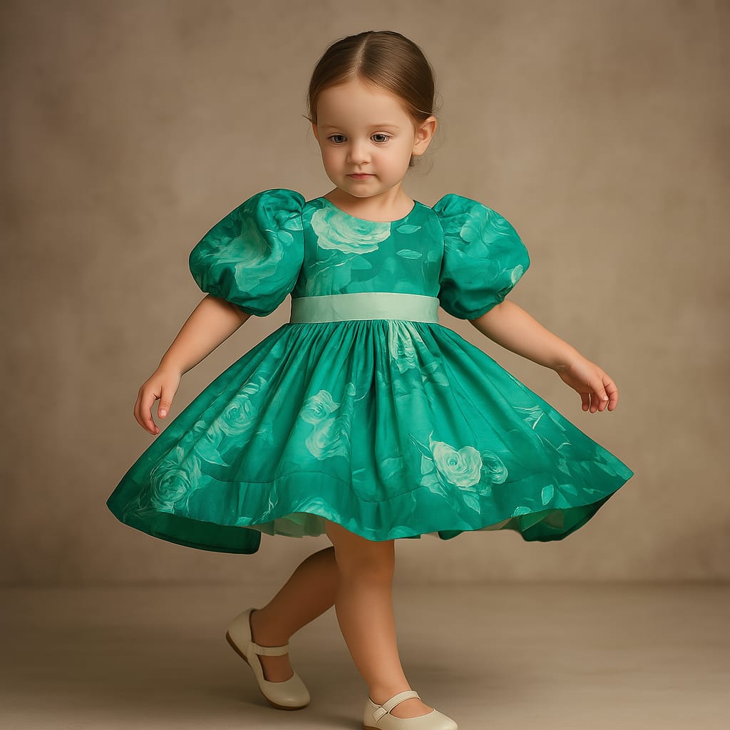 Pre Order: Balloon Sleeves Floral Printed Green Dress