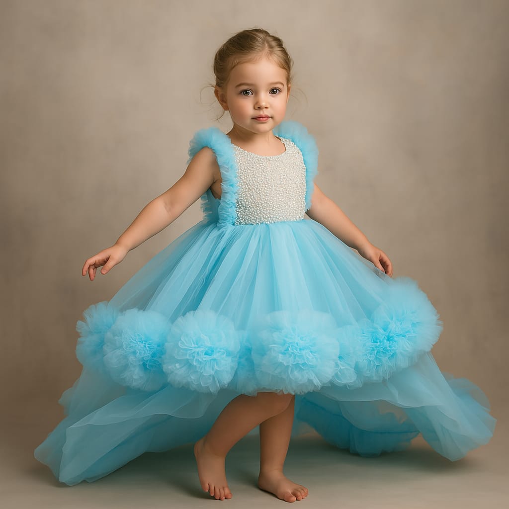 Pre Order: Embroidered Yoke Ruffle Hem Blue Dress With Detachable Trail And Matching Head Band