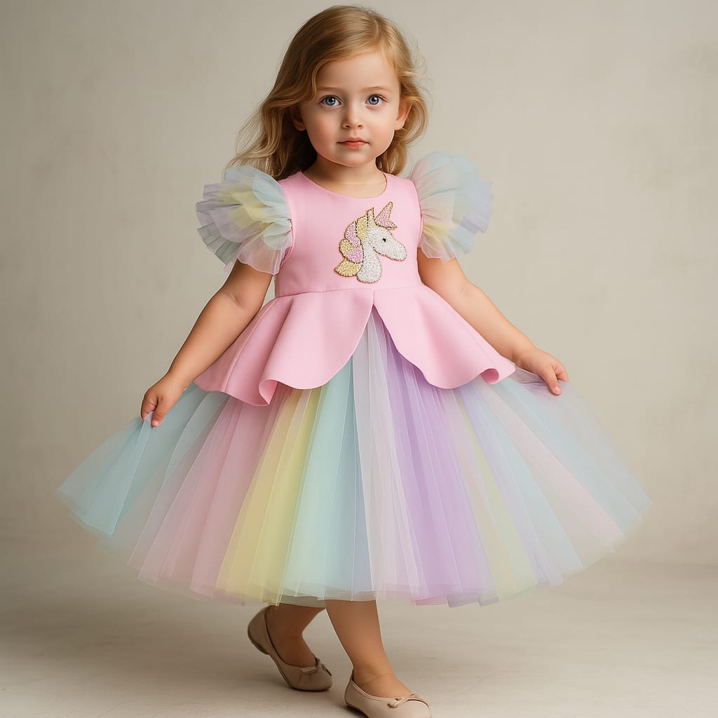 Pre Order: Pink Dress with Multicolour Net and Unicorn Beaded Brooch