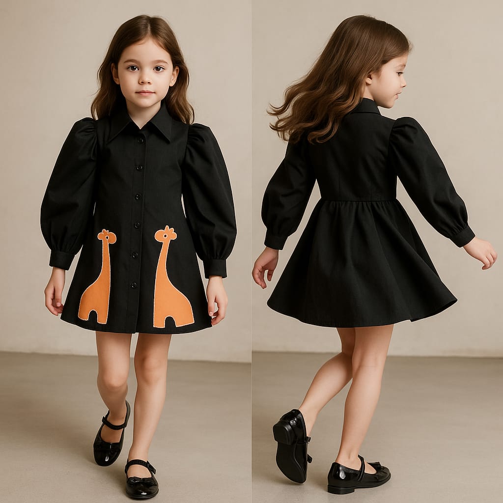 Pre Order: Giraffe Embroidered Black Collared Neck Dress Dress